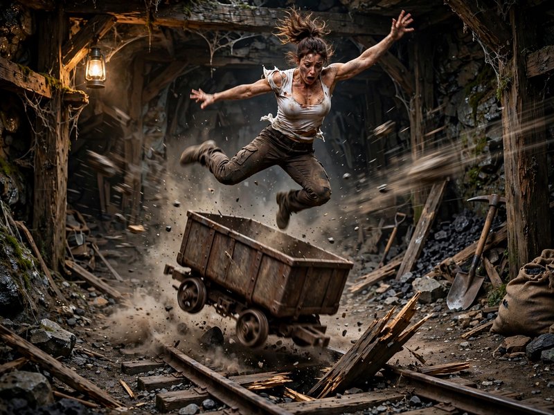 Woman leaps over a tipping speeding mine cart during an underground coal mine tunnel collapse