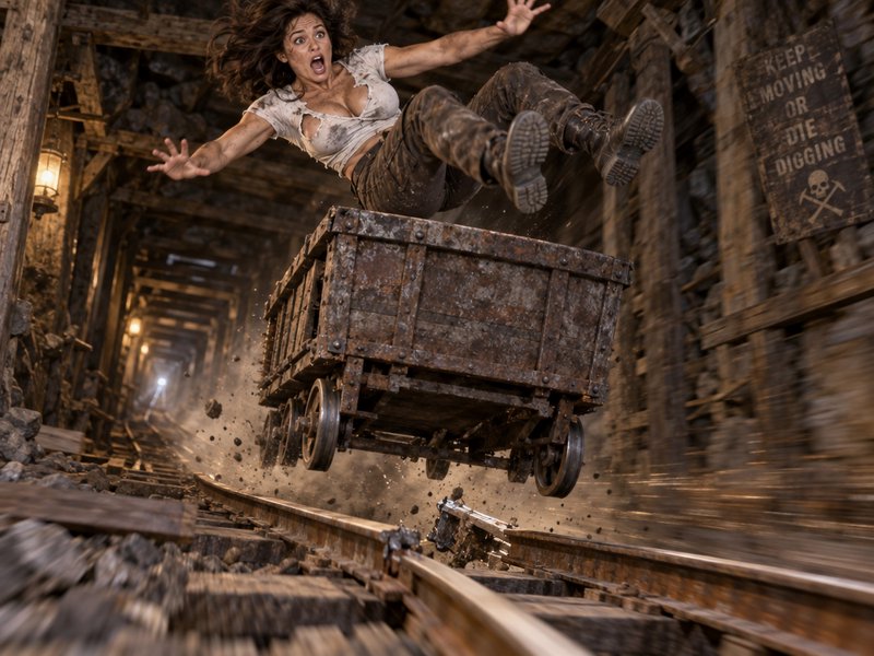 Shocked woman falling mid-air from an airborne rusted mining cart speeding off broken tracks insi...
