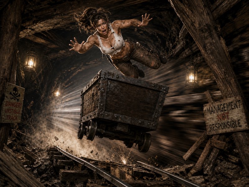 Panicked muddy female explorer falls off an airborne speeding mine cart inside a crumbling timber...