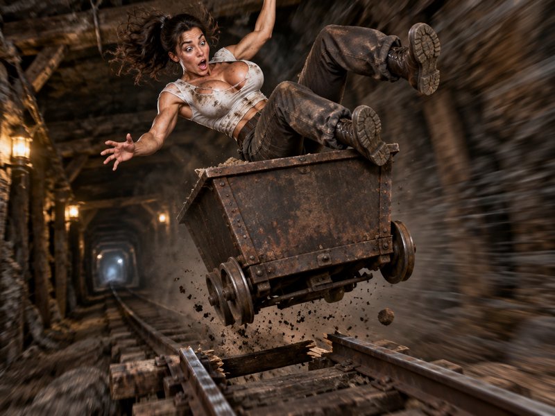 Panicked muscular woman falls from speeding airborne mine cart launching off broken tracks in an ...