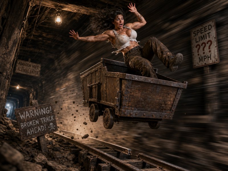 Terrified woman mid-air in a speeding airborne mine cart above broken track in a dark underground...