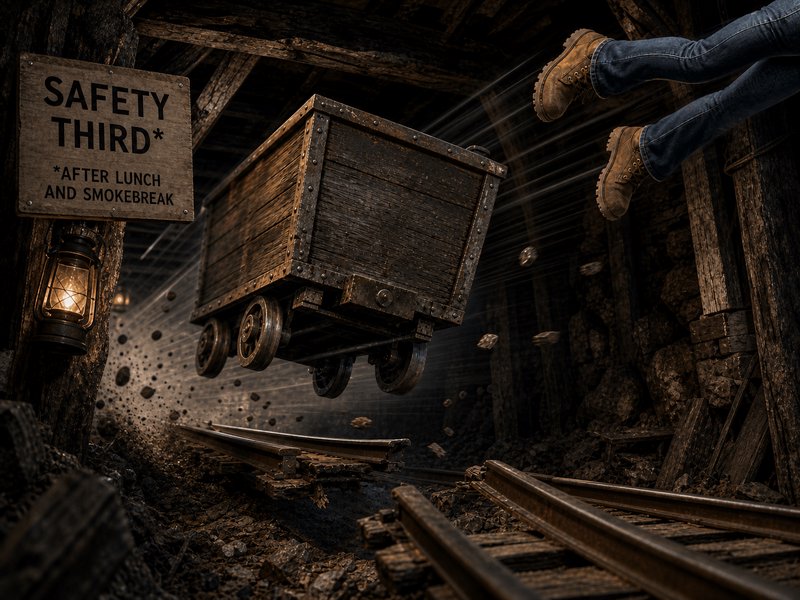 Humorous underground mine scene with airborne mining cart, sarcastic "Safety Third" sign, danglin...