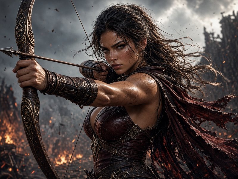 Fierce female fantasy archer drawing an ornate bow atop a stormy, burning war battlefield