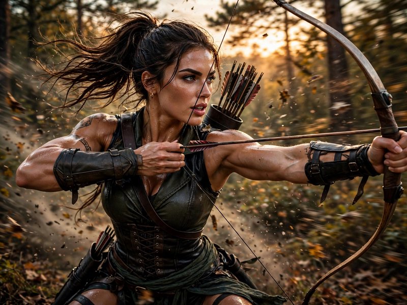 Muscular female archer draws a recurve bow, aiming during dynamic action in a sunlit golden hour forest