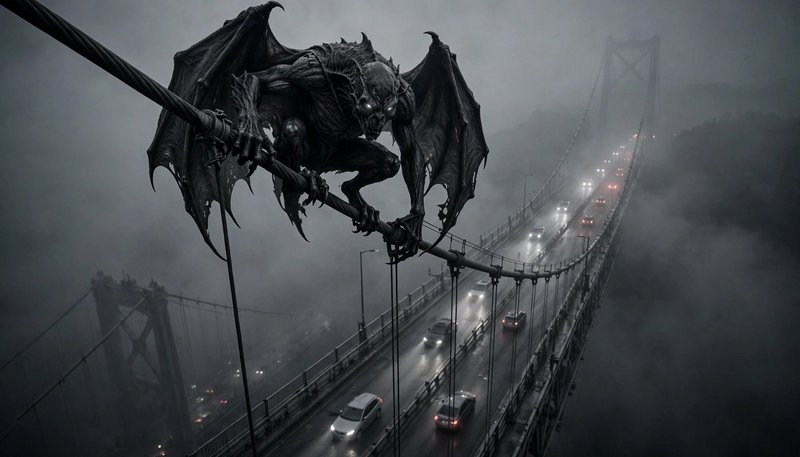 Menacing bat-winged gargoyle perches on a fog-shrouded suspension bridge cable above passing traffic