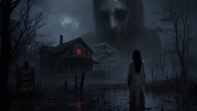 Giant looming ghost towers over a haunted swamp house while a female spirit stands in dark shallo...