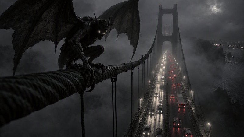 Menacing glowing-eyed winged gargoyle perched on a Golden Gate Bridge cable above foggy night tra...
