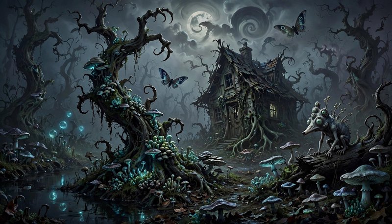 Moonlit haunted swamp scene with a rickety cottage, glowing mushrooms, twisted trees, and a stran...