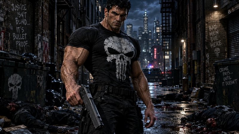 Muscular Punisher holding a handgun stands in a rain-soaked gritty city alley at night after a co...