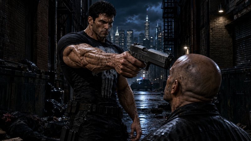 The Punisher points a handgun at a captive in a rain-soaked New York alley at night