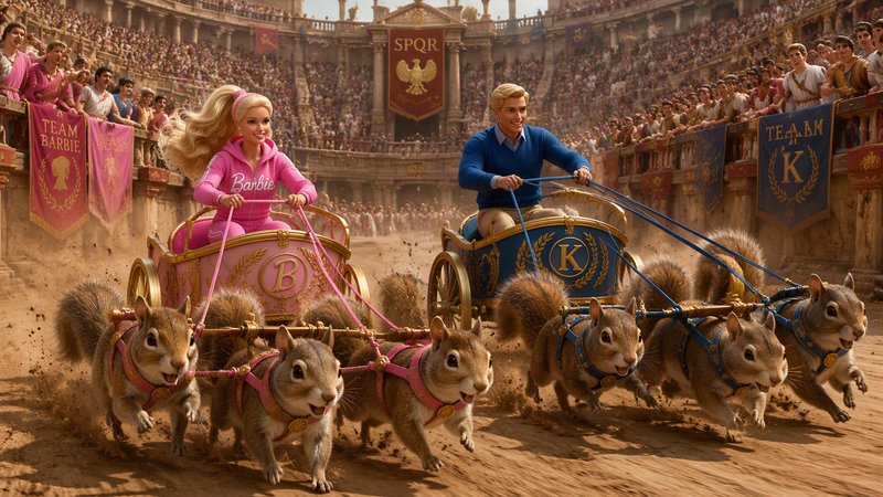 Barbie and Ken race squirrel-pulled chariots in a packed ancient Roman coliseum