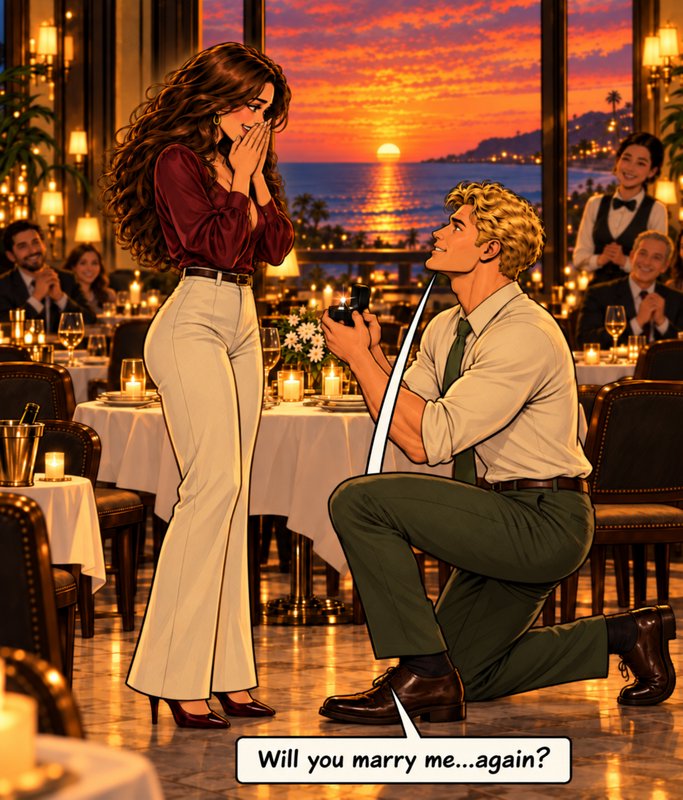 Man on one knee holds an engagement ring box proposing to a surprised woman at a seaside sunset r...