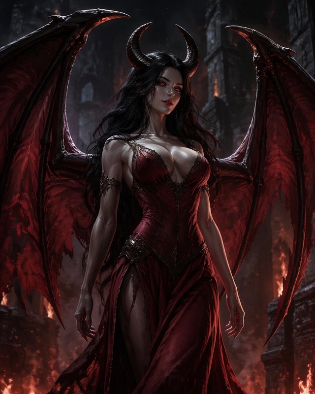 Horned demoness with tattered red bat wings stands amid flames in a crumbling hellish castle