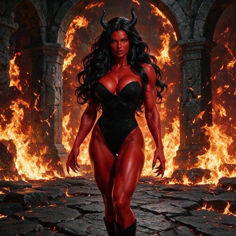 Muscular red horned demoness walks toward the viewer through a flaming hell fortress