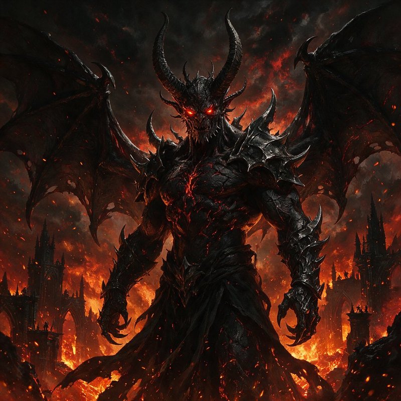 Towering horned demon overlord with glowing red eyes stands amid burning hellfire and ruined gothic fortresses