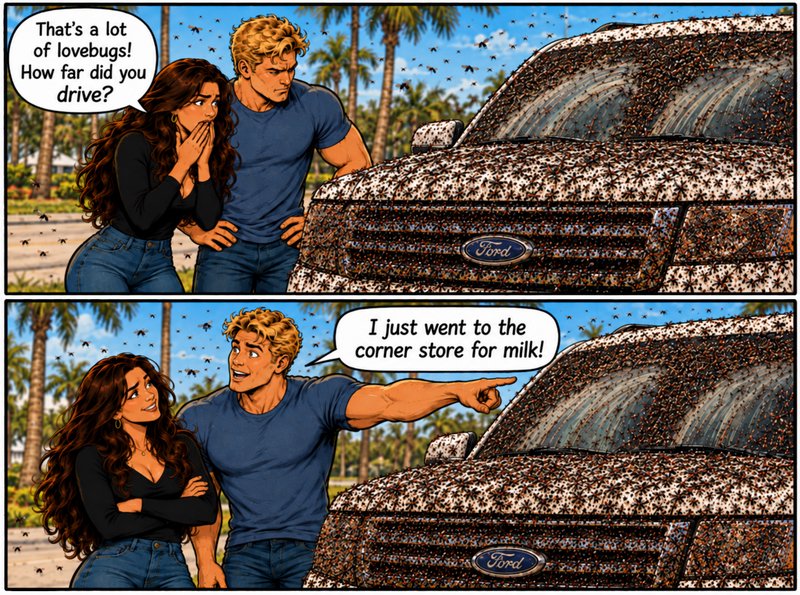 Two panel comic of a couple reacting to a Ford truck completely covered in swarms of lovebugs