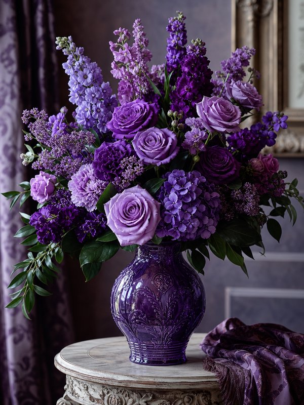 Lush monochromatic purple flower bouquet in an ornate embossed purple glass vase on a vintage table