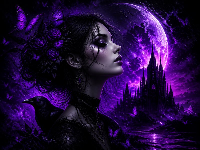 Gothic woman with purple roses in her hair and a raven on her shoulder gazes up at a glowing purp...