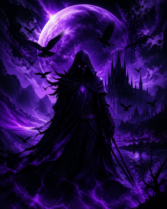 Hooded reaper with glowing purple eyes stands before a giant violet moon and spired gothic castle