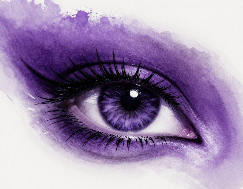 Close-up watercolor illustration of a vivid purple human eye with long dark spiky eyelashes