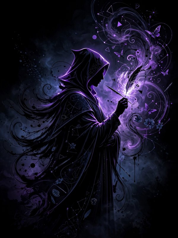 Hooded silhouetted shadow mage holds a glowing enchanted quill swirling with purple arcane magic