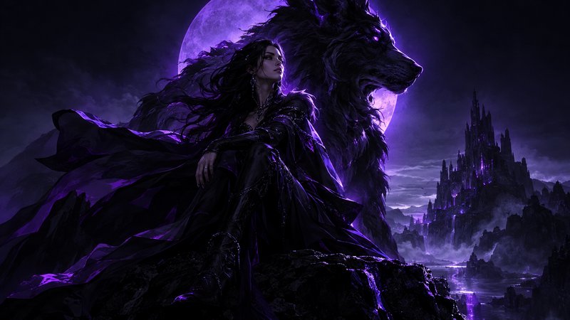 Regal dark fantasy sorceress sits with a giant shadow wolf beneath a glowing purple full moon ove...