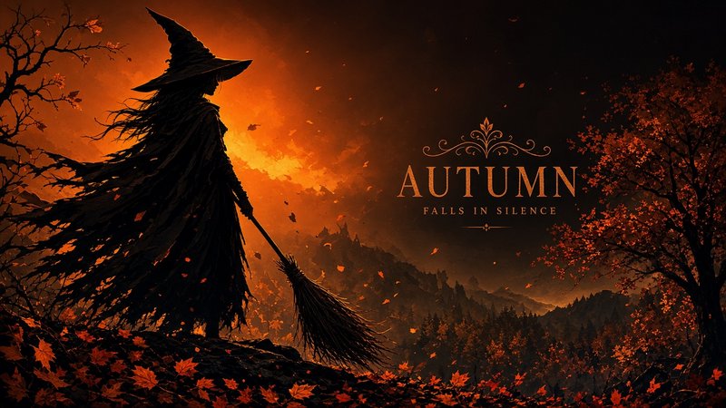 Silhouetted witch holding a broom stands against a glowing orange autumn mountain sunset with fal...