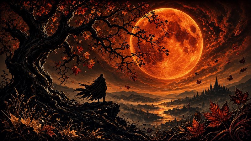 Lone cloaked warrior stands on a cliff beneath a giant glowing blood moon in an autumn fantasy la...