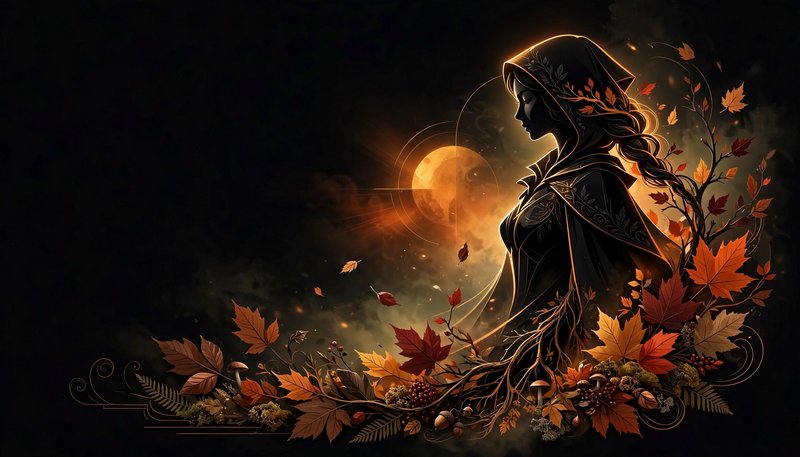 Silhouette of hooded autumn goddess framed by fall foliage under a glowing orange full moon