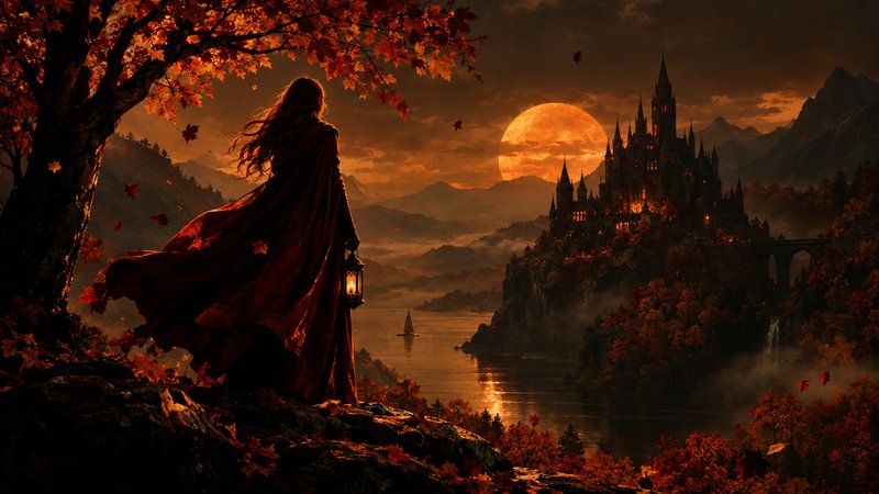 Cloaked traveler holding a lantern overlooks a gothic castle under a giant glowing orange autumn ...