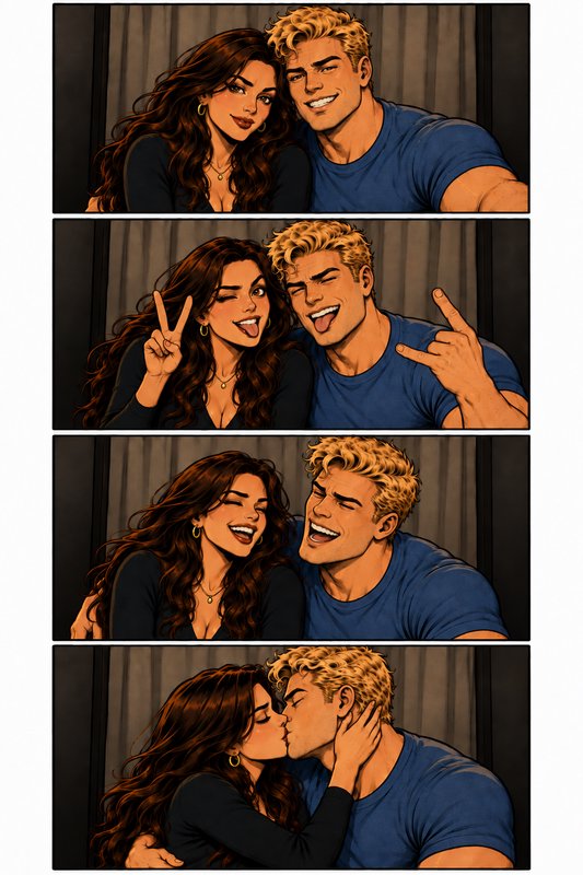 Four panel romance comic strip showing a couple taking selfies that progress to a sweet kiss