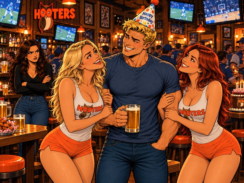 Muscular man in a birthday hat holds beer, flanked by Hooters servers, as a jealous woman glares ...