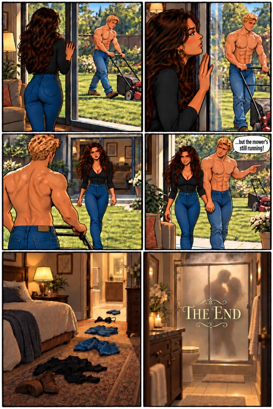Six panel cheeky romance comic where a woman spots a shirtless man mowing her lawn, leading to a ...
