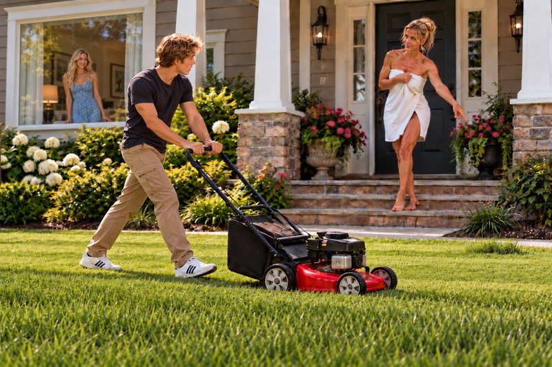 Young man mows front lawn as a woman in a towel exits the house and another watches from the window