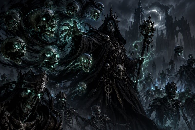Hooded lich necromancer summons glowing undead army beneath an eclipsed gothic castle sky