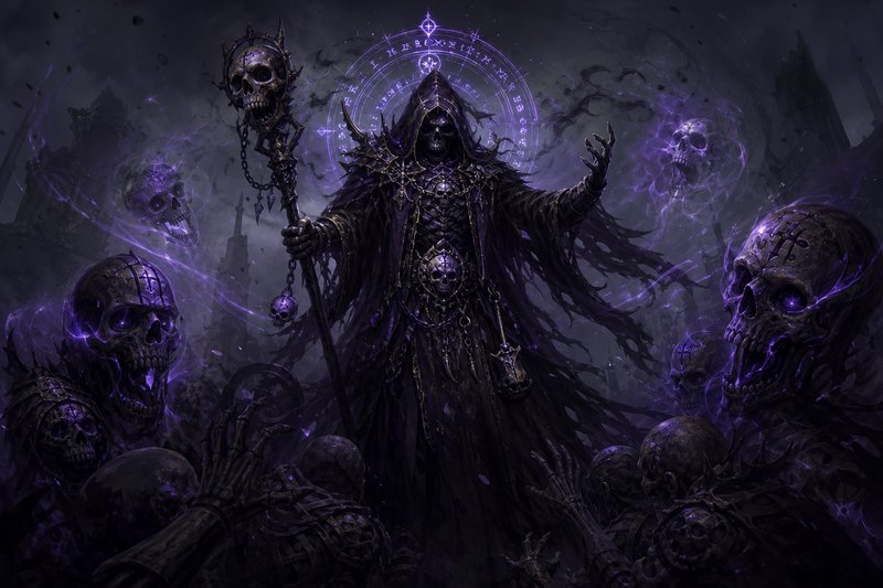 Hooded lich necromancer channels glowing purple magic surrounded by floating skulls and undead minions