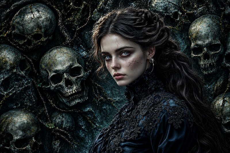 Gothic dark fantasy woman standing before a wall of weathered ancient human skulls