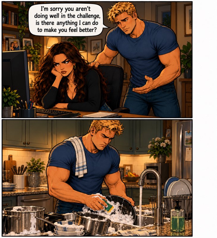 Two panel wholesome comic where a supportive boyfriend comforts his frustrated partner then washe...