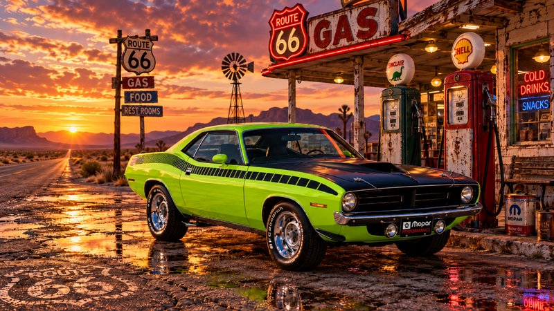 Bright lime green classic Plymouth Cuda parked at a weathered Route 66 gas station at desert sunset