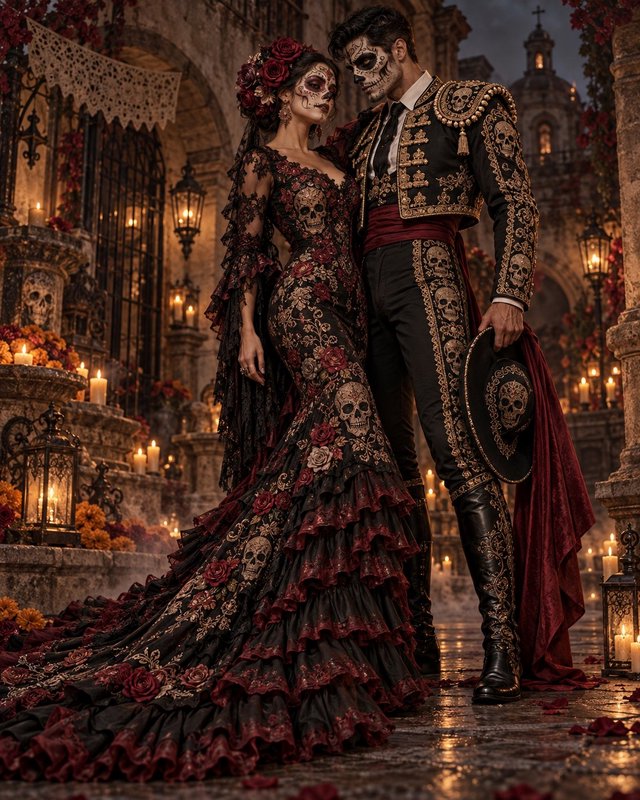 Couple in ornate Day of the Dead sugar skull attire stand together in a candlelit historic coloni...