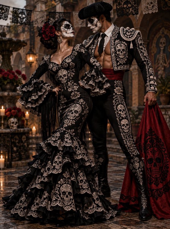Couple in ornate matching Day of the Dead sugar skull costumes face each other in a candlelit col...