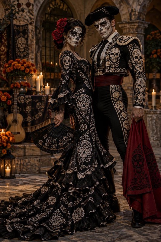 Couple with sugar skull Day of the Dead makeup pose in matching ornate embroidered formal attire