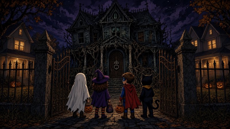 Four costumed trick-or-treaters stand before a spooky haunted house on Halloween night