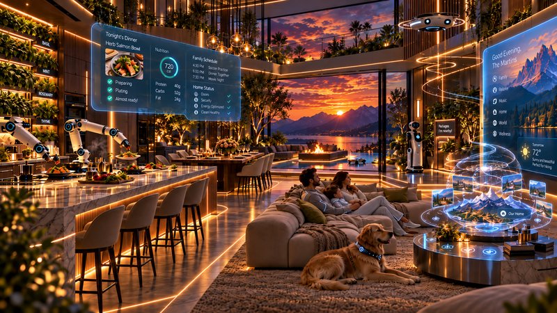 Family relaxing in a futuristic smart home with holographic interfaces, robot assistants, and mou...