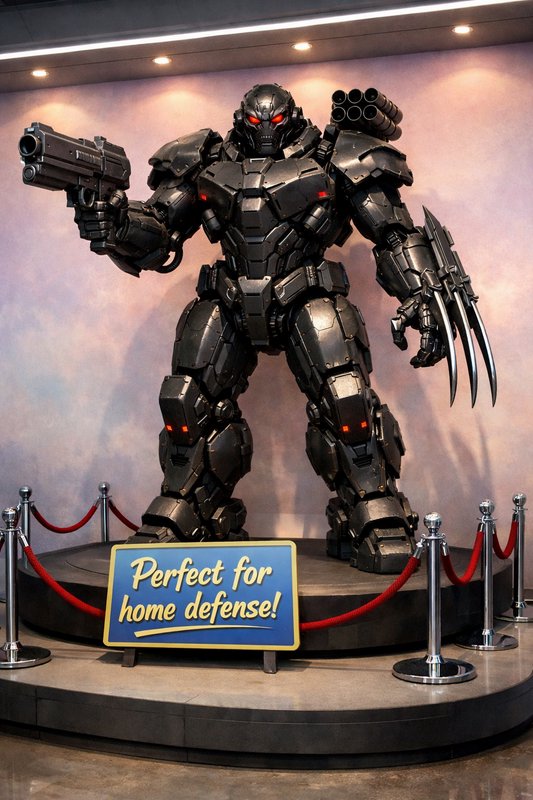Heavily armed black armored combat mech displayed on a pedestal with a home defense sign