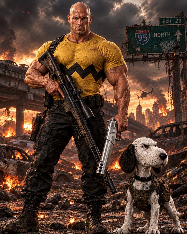 Muscular Charlie Brown and tactical Snoopy stand armed in a burning post-apocalyptic wasteland