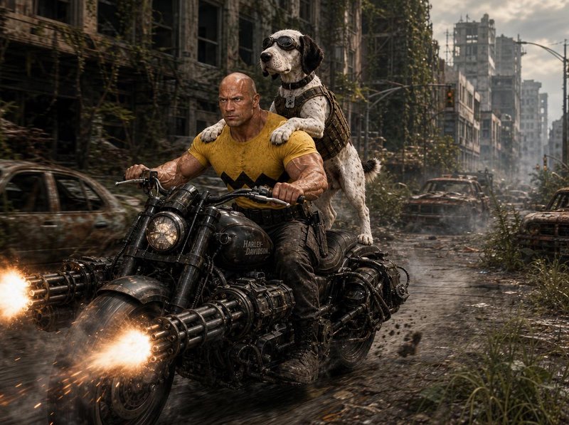 Muscular bald man rides a weaponized motorcycle with a goggle-wearing tactical dog standing behind him