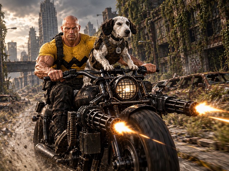 Muscular bald man and tactical spotted dog ride a weaponized motorcycle through post-apocalyptic city ruins