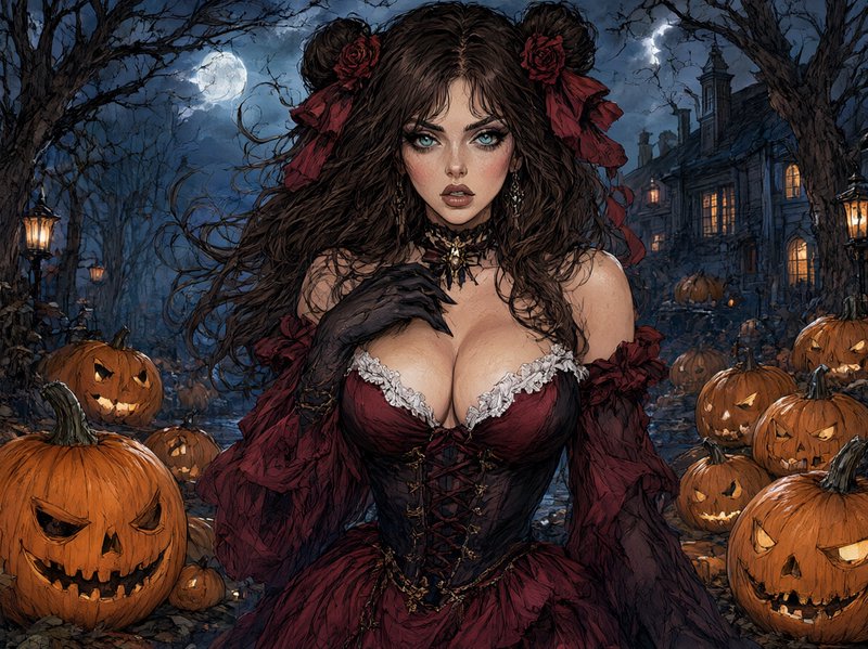 Gothic woman in a burgundy corset gown stands among glowing jack-o-lanterns outside a spooky haun...