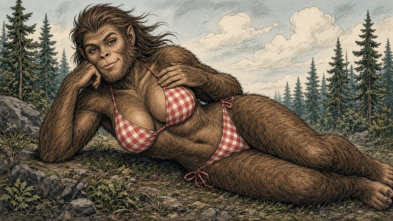 Female sasquatch wearing a gingham bikini reclines playfully in a pine forest clearing